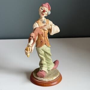 8 " Ceramic Clown Holding‎ Monkey and Banana On One Arm On A Wood Base